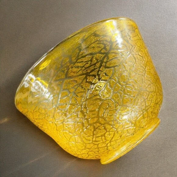 Studio Art Glass Large Bowl Dish Yellow Lava Texture HandBlown Glass Centerpiece